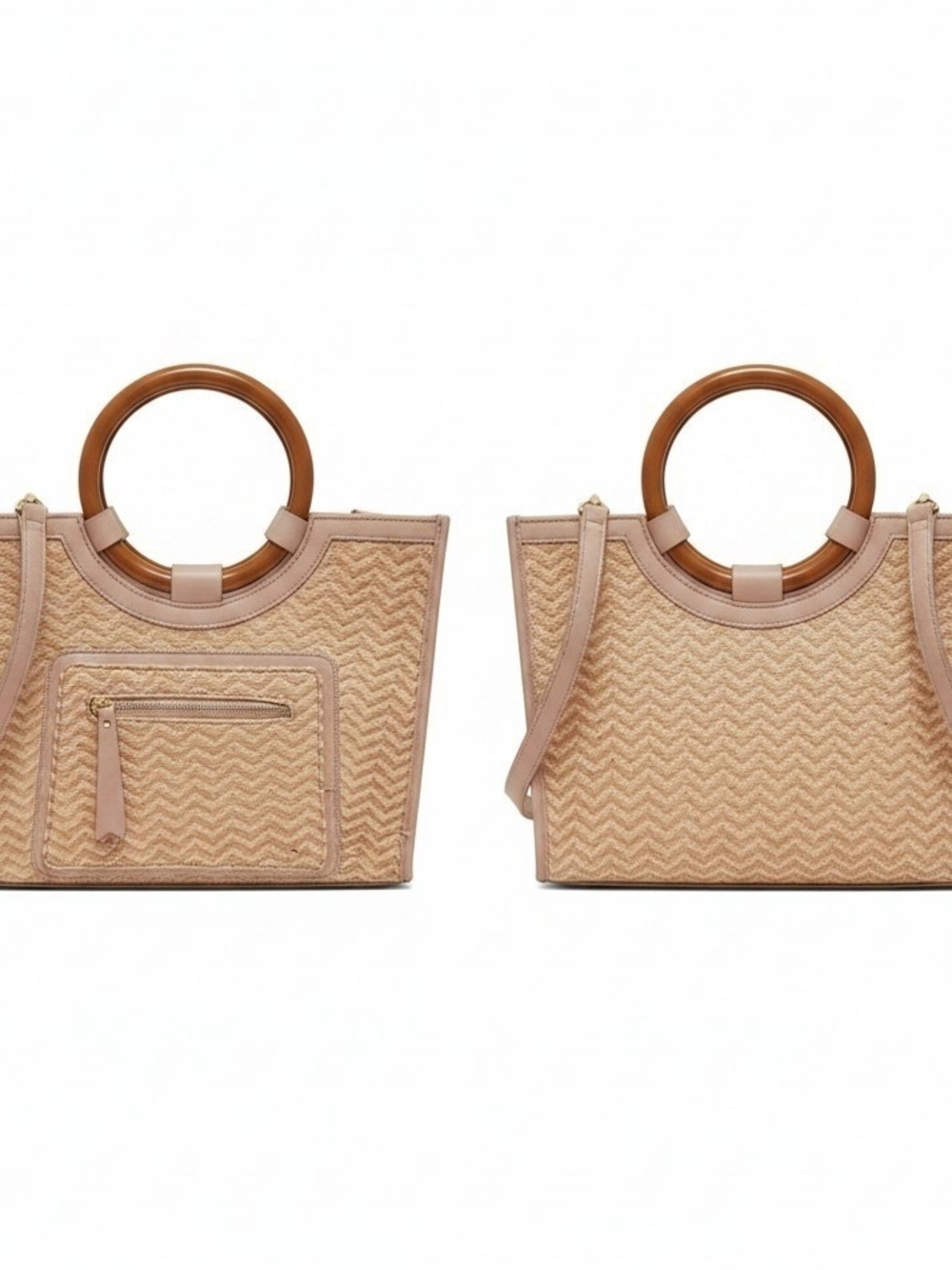 Moda Luxe Beige Woven Crossbody Tote with Wooden Ring Handles